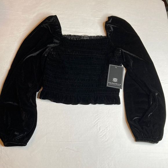 Bagatelle Top Black Velvet Smocked Long Sleeves Off the Shoulder Top - Picture 10 of 13